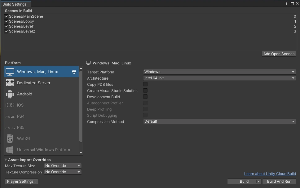 The Build Settings for testing our voice chat locally.