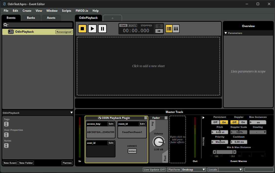 FMOD Studio event overview with ODIN Playback Plugin in the signal chain