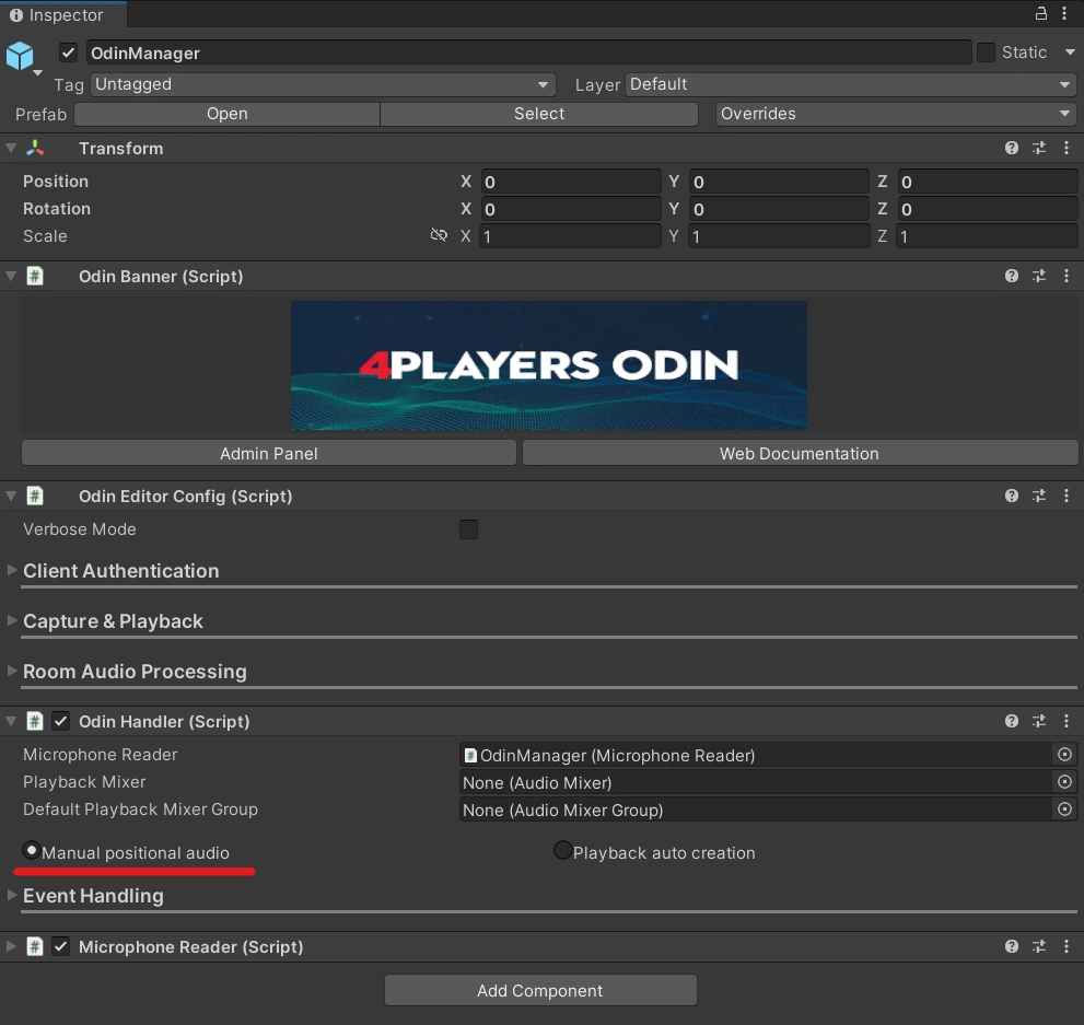We activate Manual positional audio in our OdinHandler script.
