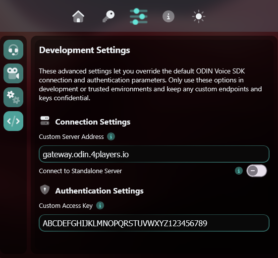 4Players web app development settings with access key and gateway