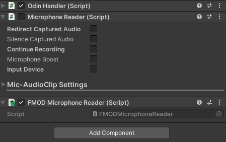 The OdinManager prefab after adding the FMODMicrophoneReader and disabling the original MicrophoneReader