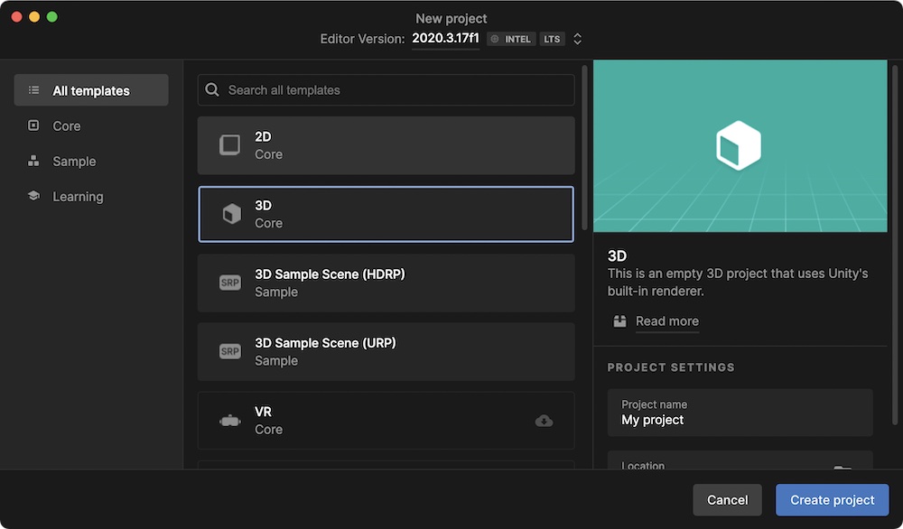 Creating a new 3D project in Unity with the Unity Hub.