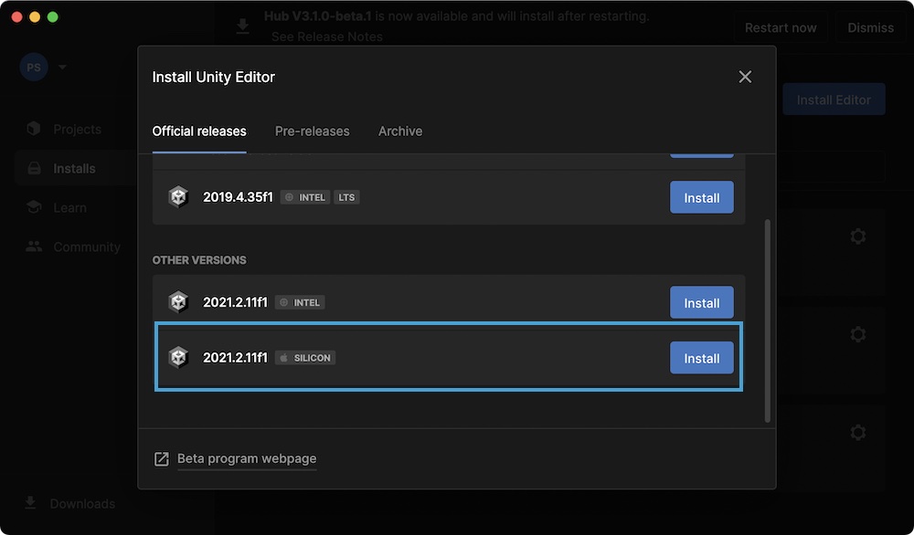 Using the Unity Hub to install Apple Silicon version