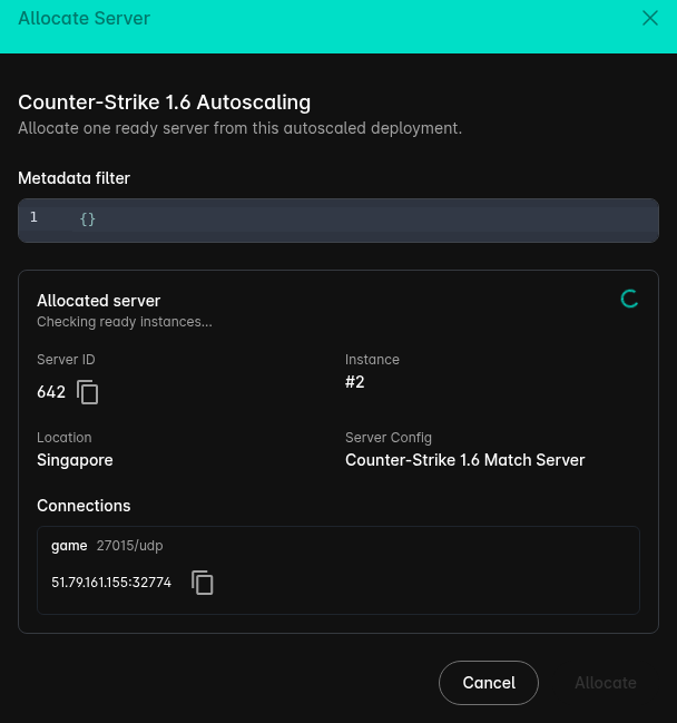 Successful server allocation with connection address and published port
