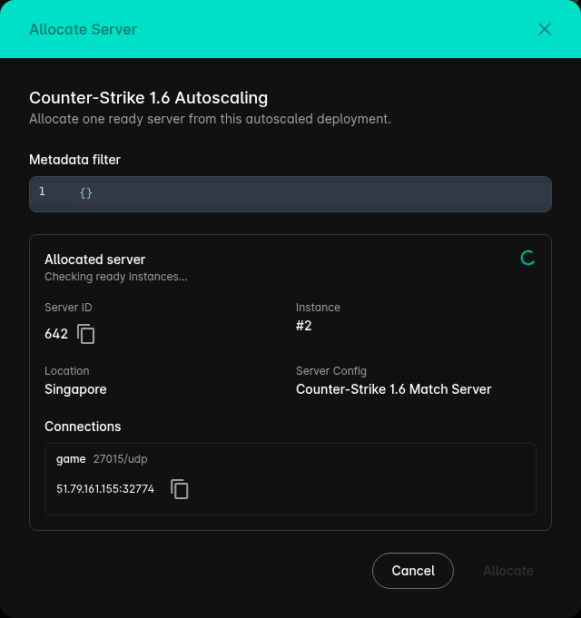Allocate Server dialog with the allocated Counter-Strike 1.6 address and port