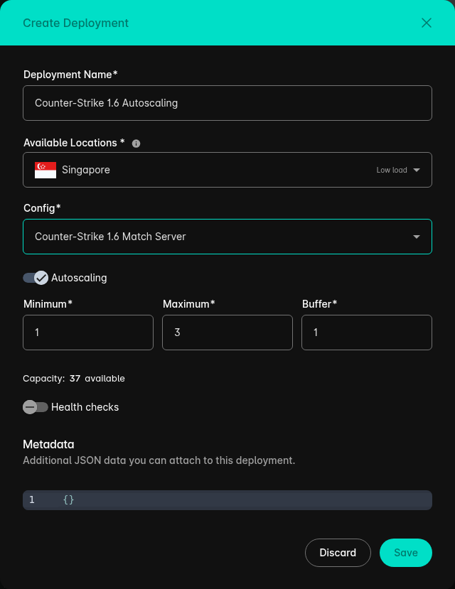 Create Deployment dialog configured with autoscaling and health checks disabled