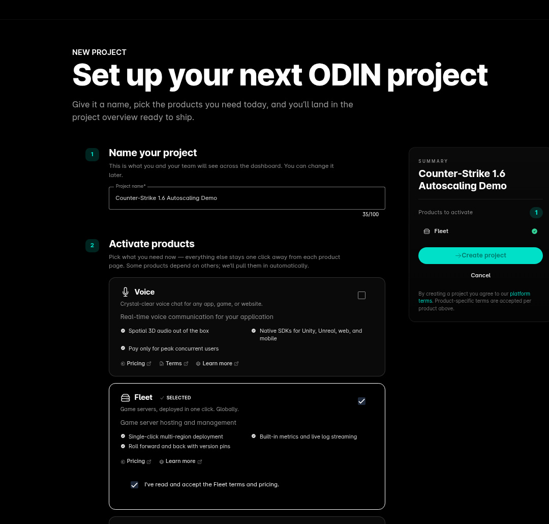 Create Project page with Fleet selected for the Counter-Strike 1.6 Autoscaling Demo
