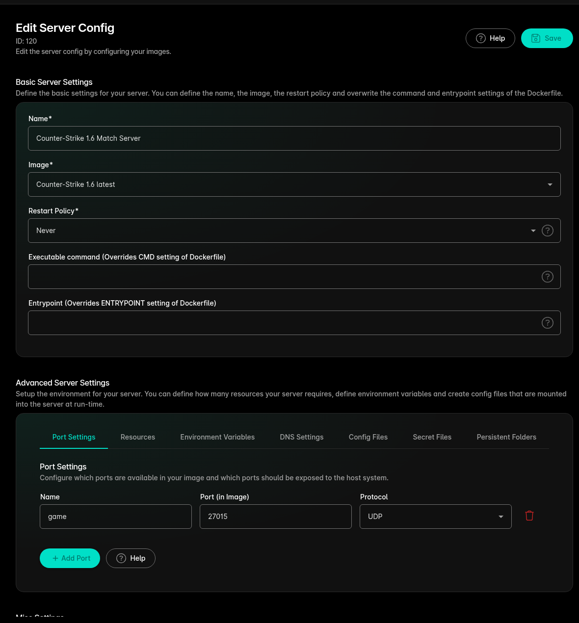 Counter-Strike 1.6 server config with UDP port 27015