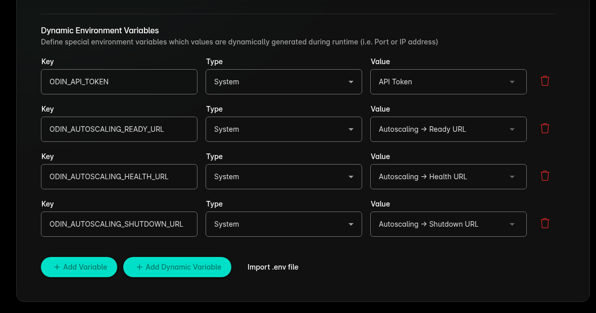 Dynamic environment variables mapping Fleet autoscaling URLs and the API token to custom variable names